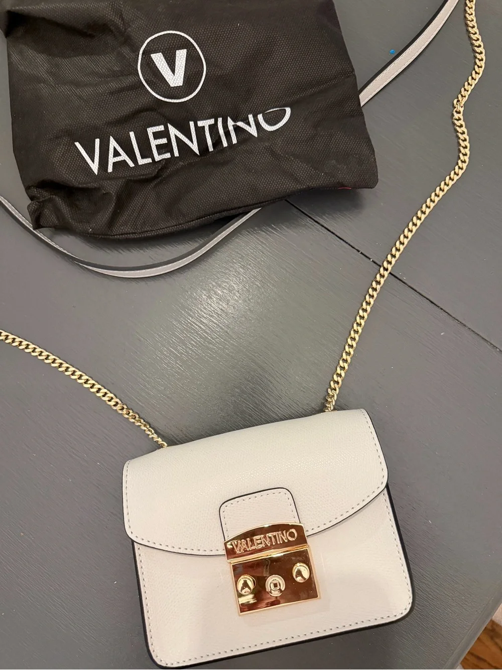 Valentino Cream Leather Chain Crossbody Bag with Gold Hardware